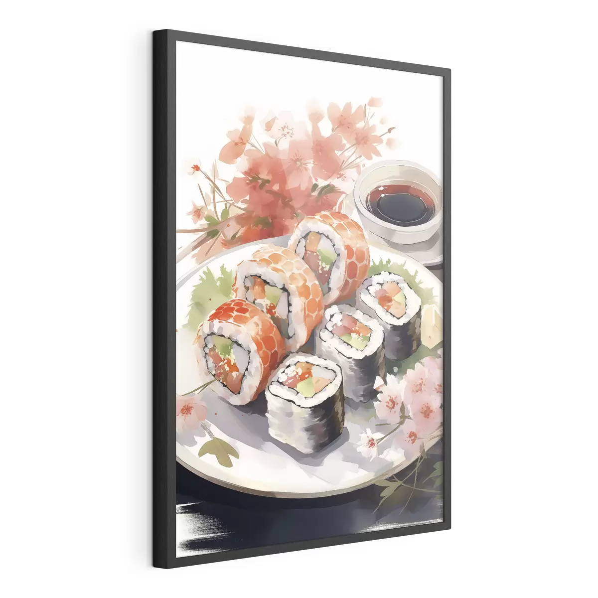 Plakat Sushi na talerzu, akwarela, kwiatowy, japoński f41179
