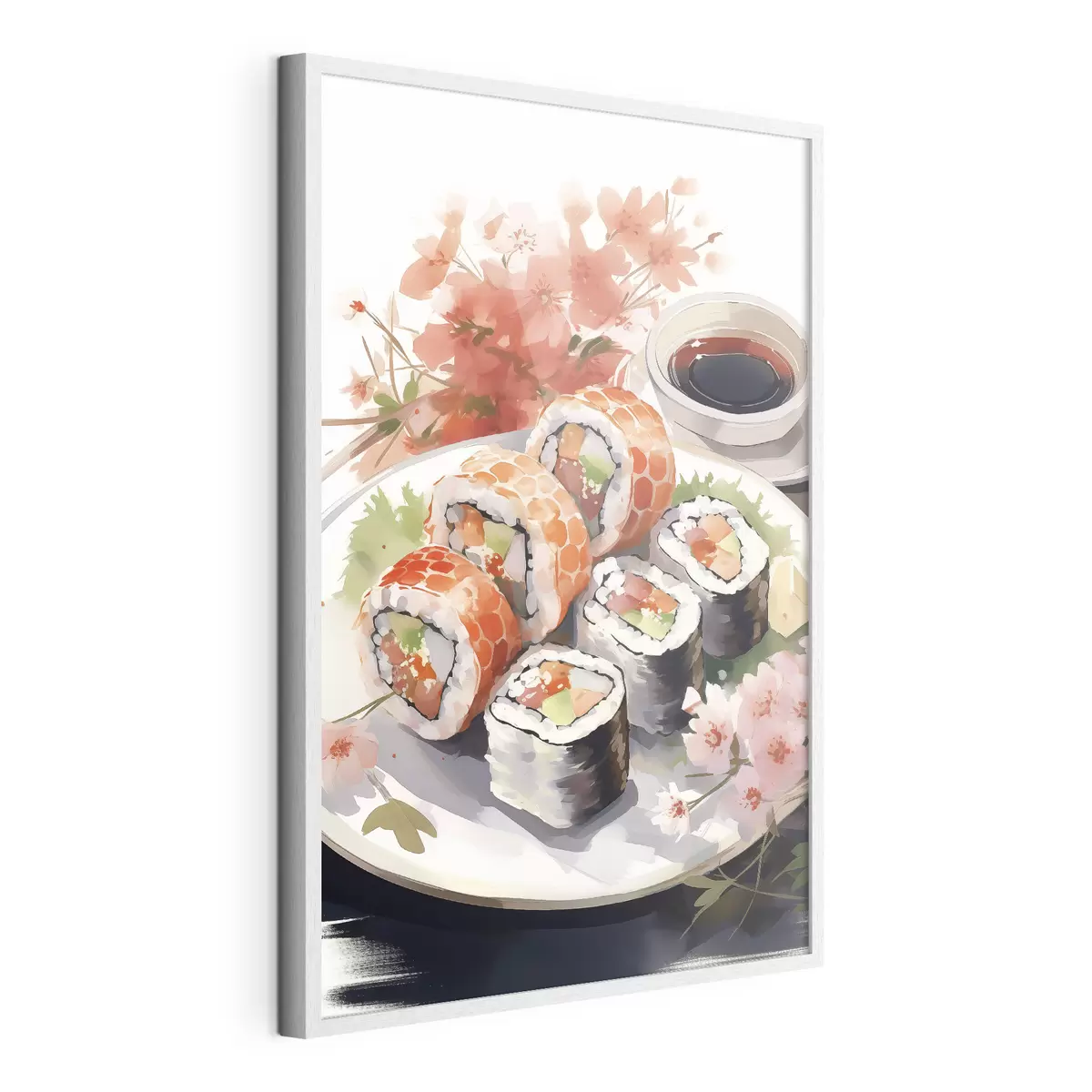 Plakat Sushi na talerzu, akwarela, kwiatowy, japoński f41179