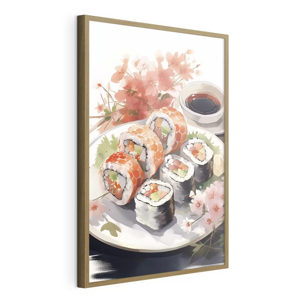 Plakat Sushi na talerzu, akwarela, kwiatowy, japoński f41179