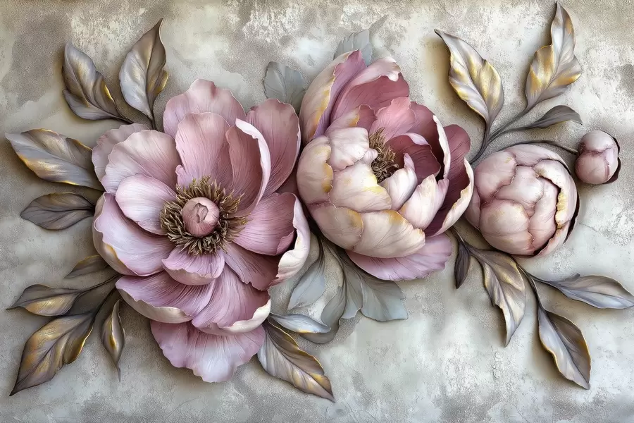 Fototapeta Kwiatowe fioletowe piwonie z liśćmi i płatkami w stonowanych pastelowych kolorach, styl vintage w01825
