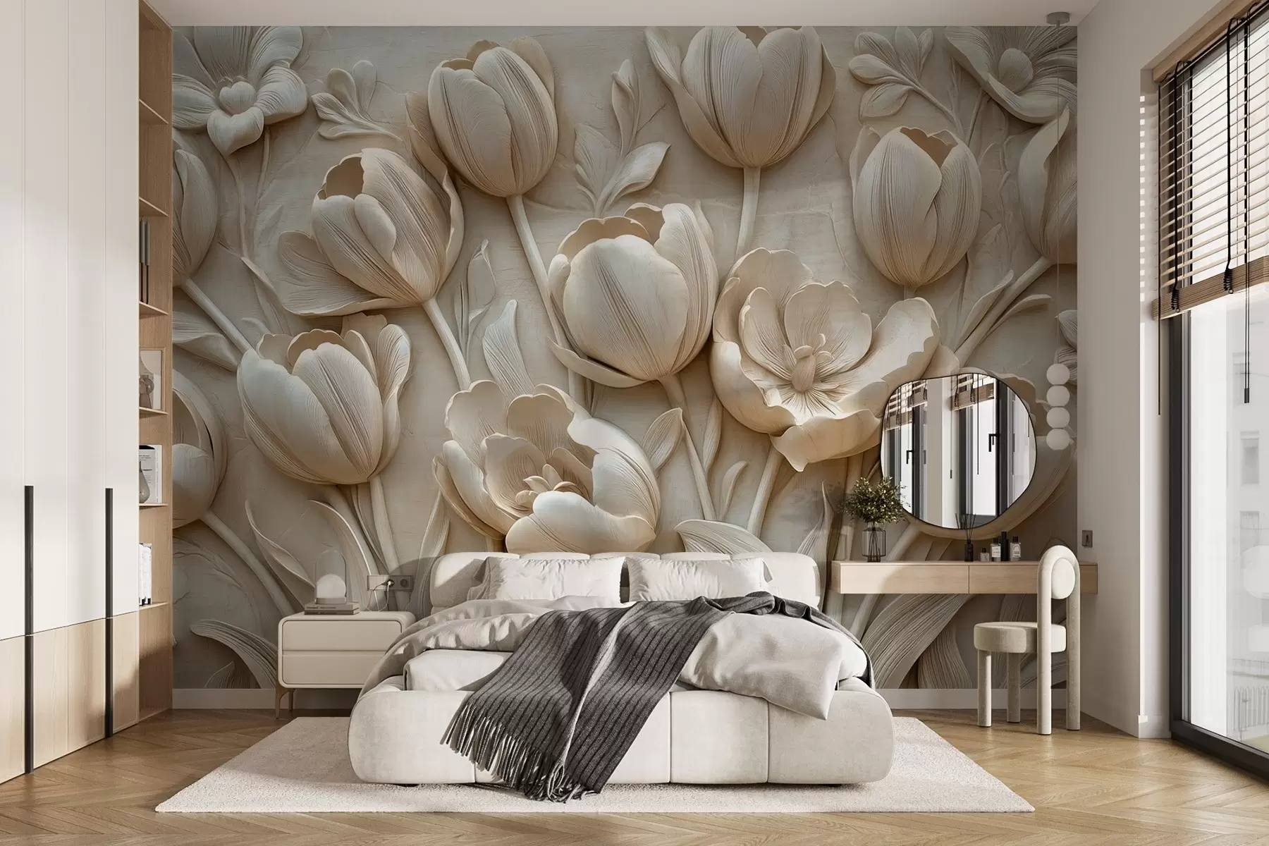 Fototapeta kwiatowa grafika 3D z wdzięcznymi tulipanami w beżowym kolorze w01851