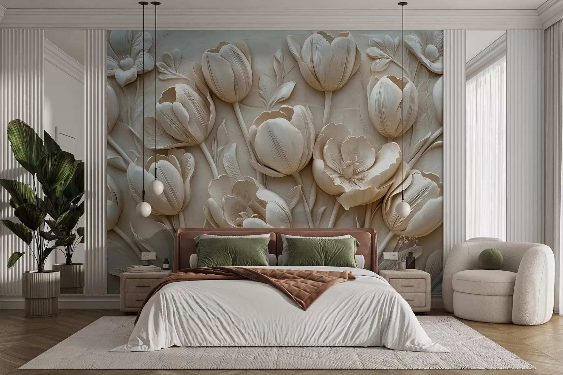 Fototapeta kwiatowa grafika 3D z wdzięcznymi tulipanami w beżowym kolorze w01851
