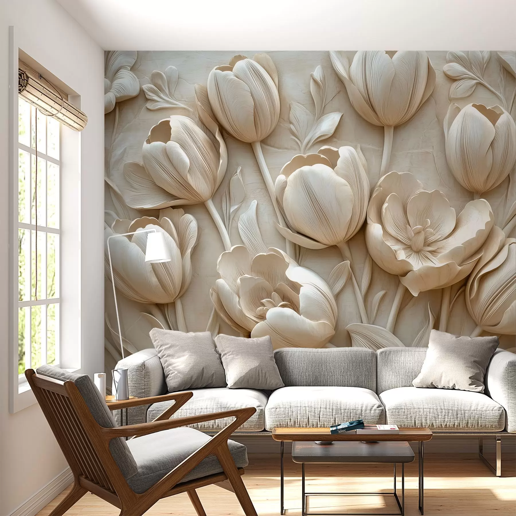 Fototapeta kwiatowa grafika 3D z wdzięcznymi tulipanami w beżowym kolorze w01851