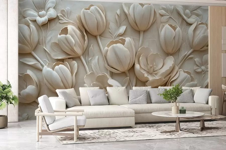 Fototapeta kwiatowa grafika 3D z wdzięcznymi tulipanami w beżowym kolorze w01851