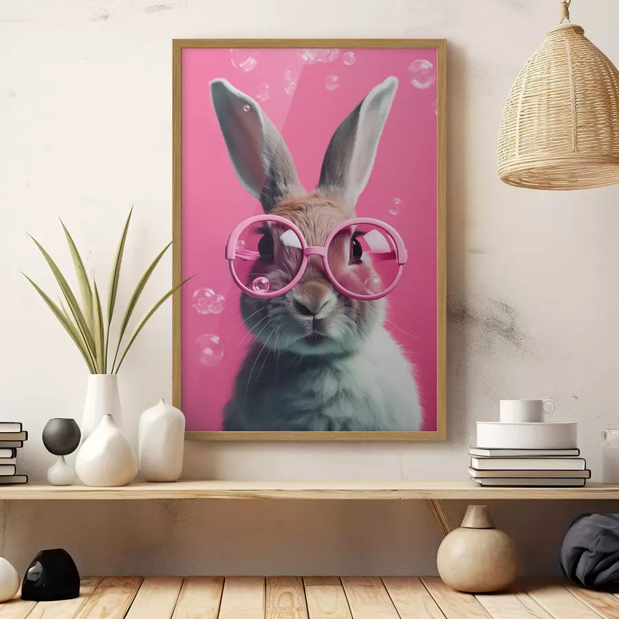 Fototapeta Królik w różowych okularach na różowym tle f41280