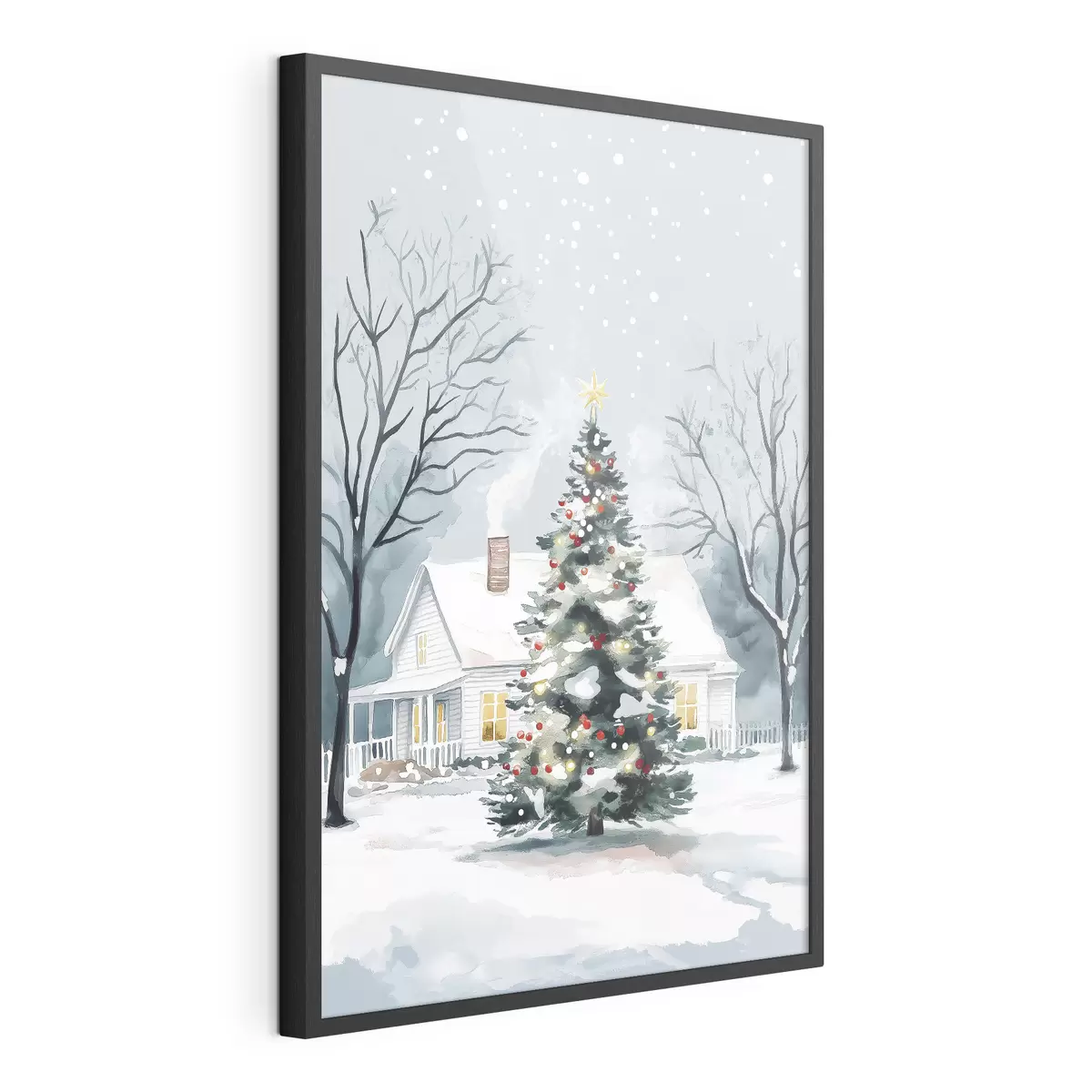 Plakat Zimowe miasteczko, udekorowana sosna, Boże Narodzenie, akwarela f41364