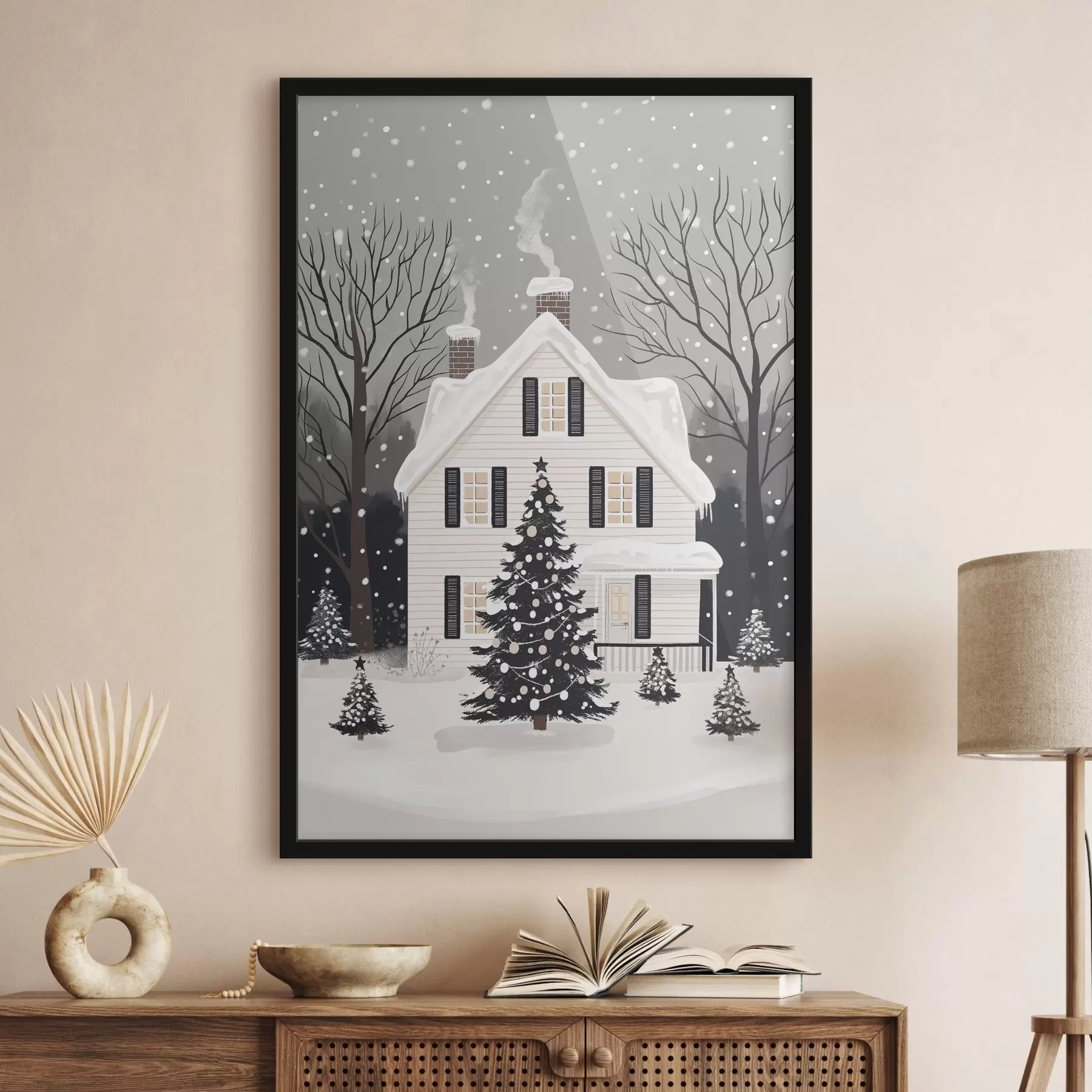 Fototapeta Zimowe miasteczko, udekorowana sosna, Boże Narodzenie, las, piękny dom f41371