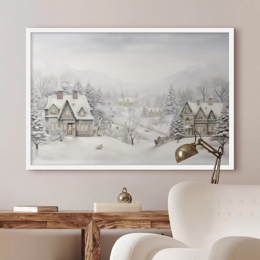 Fototapeta Piękny zimowy krajobraz z wioską, sosnami, domami, górami f41384