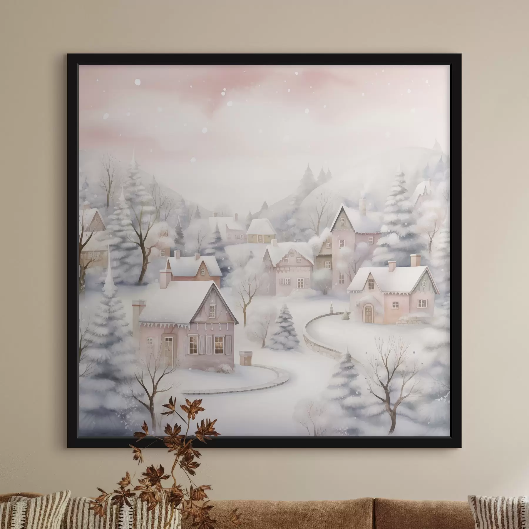 Fototapeta Akwarela zimowa wioska, sosnowy las, domy, góry, delikatne pastelowe kolory f41388