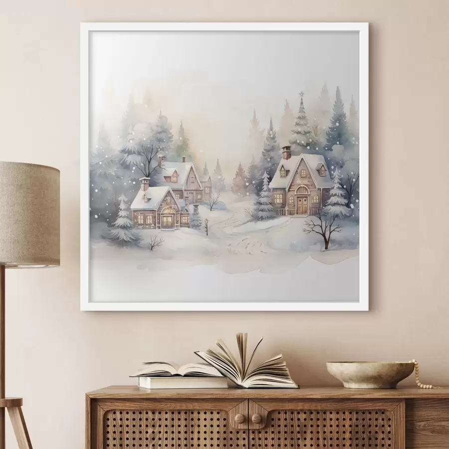 Fototapeta Zimowy krajobraz, sosnowy las, piękne domy, akwarela, susnet f41390