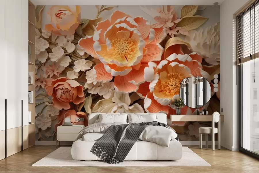 Fototapeta Kompozycja kwiatowa 3D w odcieniach brzoskwini z piwoniami i różami w stylu rokoko w01939