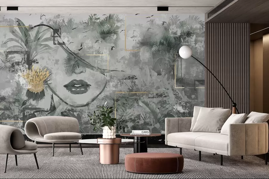 Fototapeta Grunge las deszczowy i sylwetka twarzy dziewczyny w01916