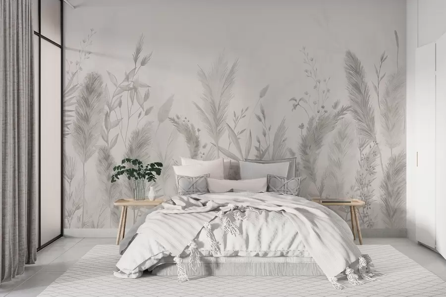 Fototapeta Wysokie trawy polne i kwiaty w neutralnych kolorach w02004