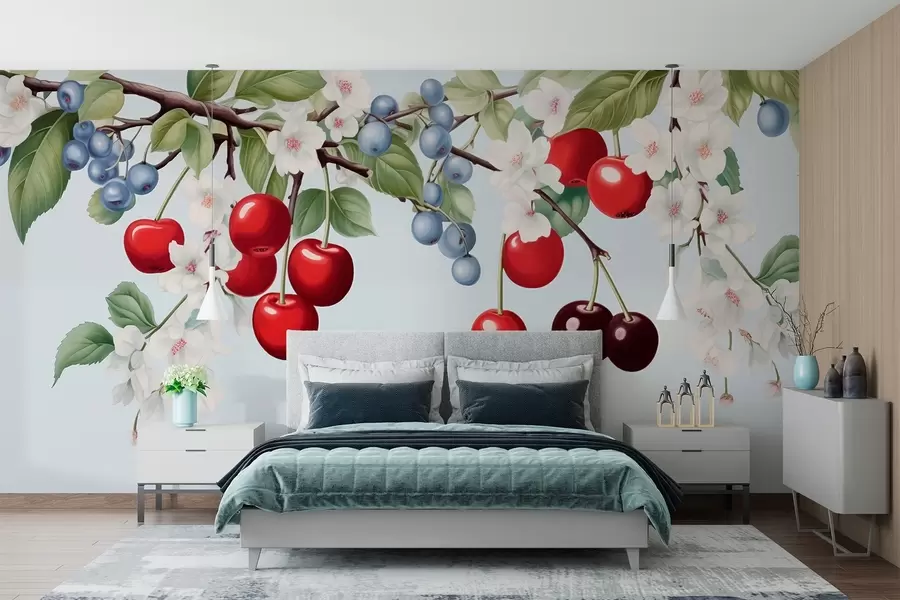 Fototapeta Ogród jagodowy: gałęzie z wiśniami, jagodami i kwiatami w01975