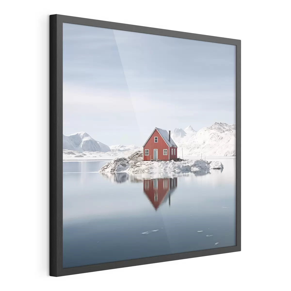 Plakat Minimalistyczny zimowy krajobraz czerwony dom nad jeziorem f41437