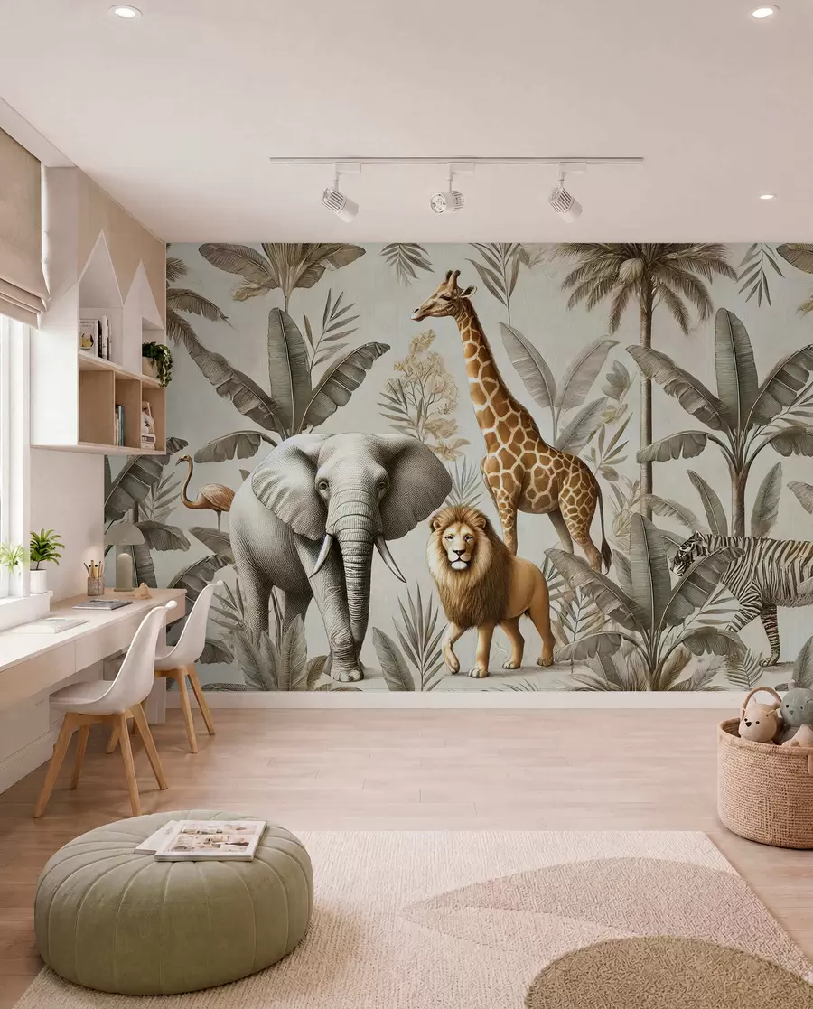 Fototapeta Tapeta dla dzieci Safari z tropikalnym krajobrazem i różnymi zwierzętami w eleganckich kolorach w01956