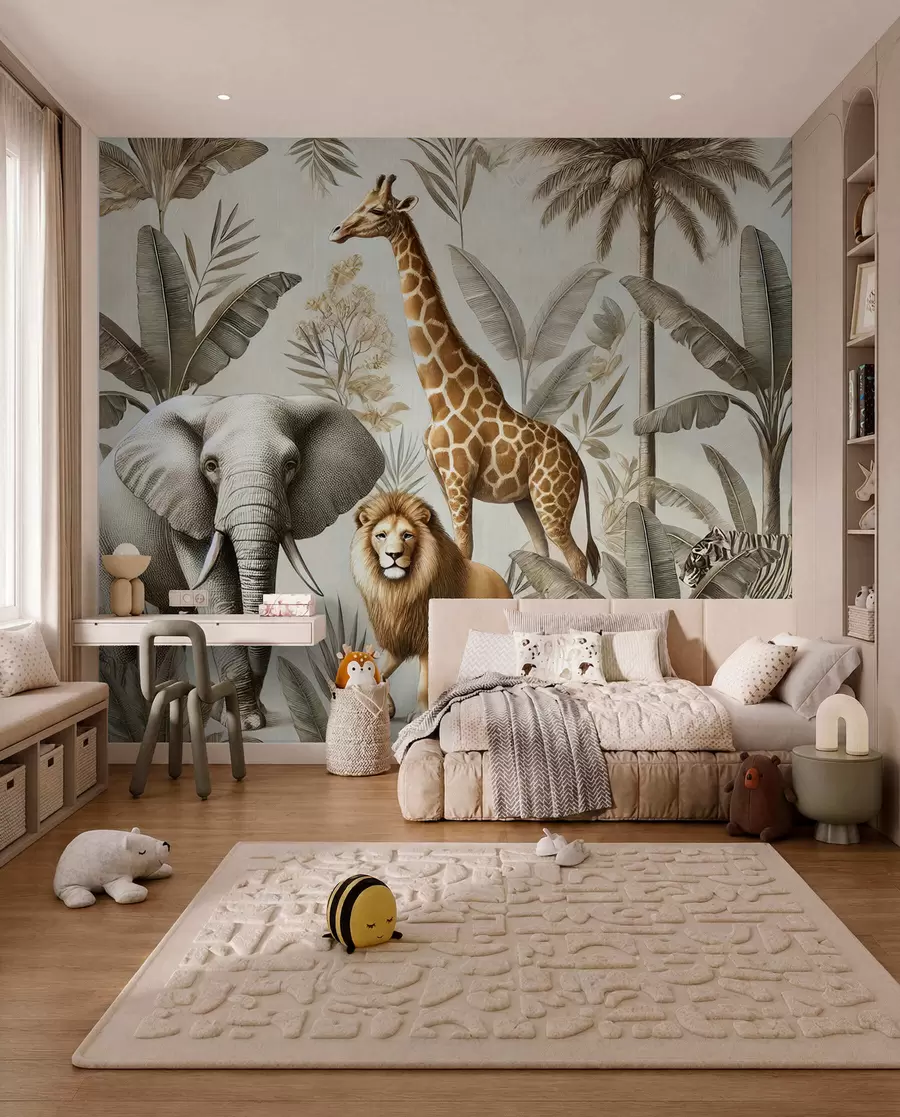 Fototapeta Tapeta dla dzieci Safari z tropikalnym krajobrazem i różnymi zwierzętami w eleganckich kolorach w01956