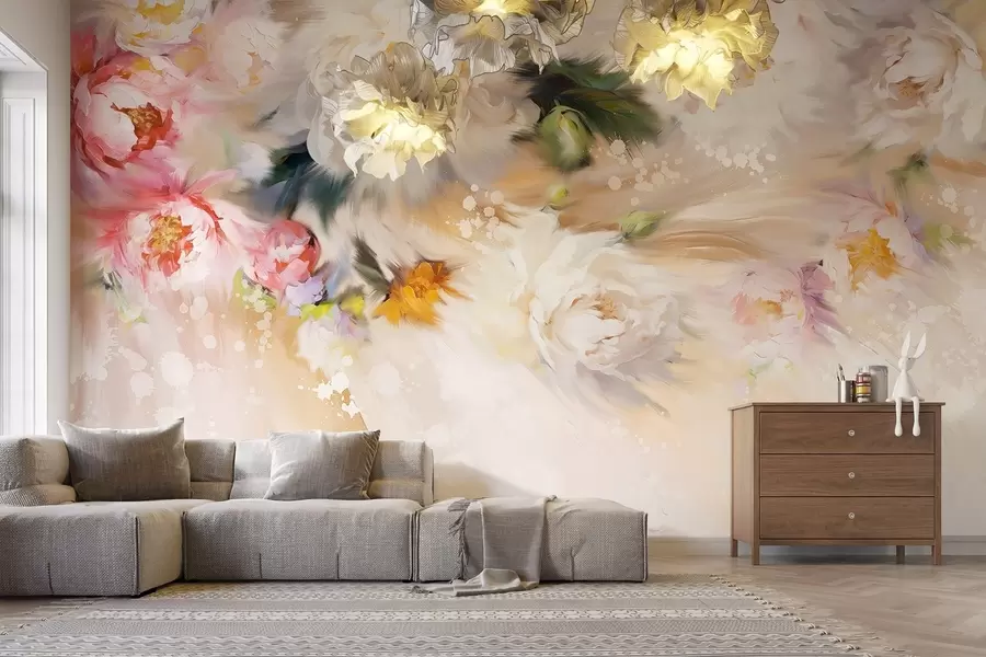 Fototapeta Piwonie akrylowe, pociągnięcia pędzlem, kwiatowe, delikatne pastelowe beżowe kolory w02021v2