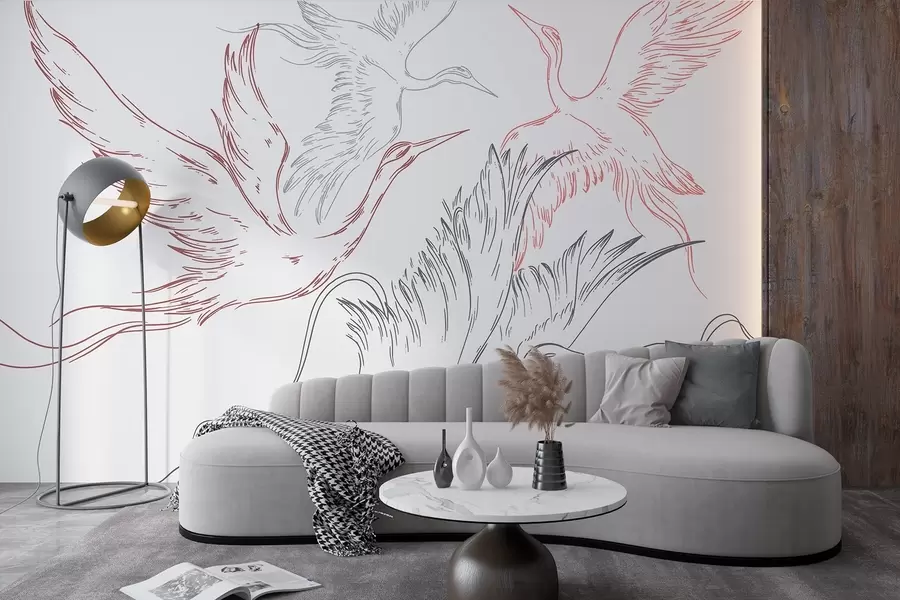 Fototapeta Latające ptaki, minimalizm, line art, natura, szare i czerwone kolory w02061v1