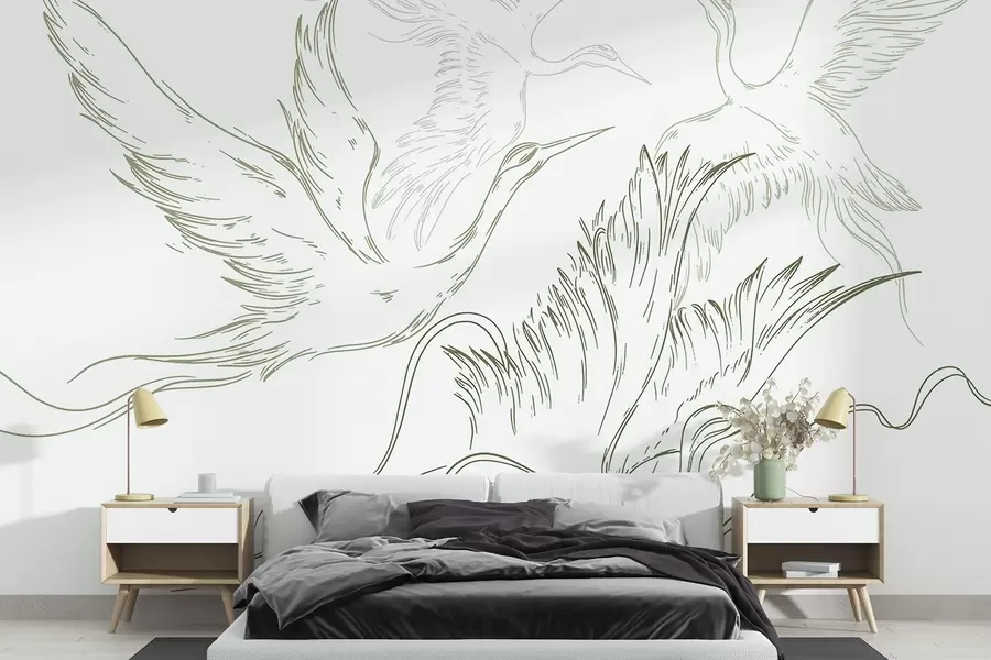 Fototapeta Latające ptaki, minimalizm, line art, natura, zielony kolor w02061v2