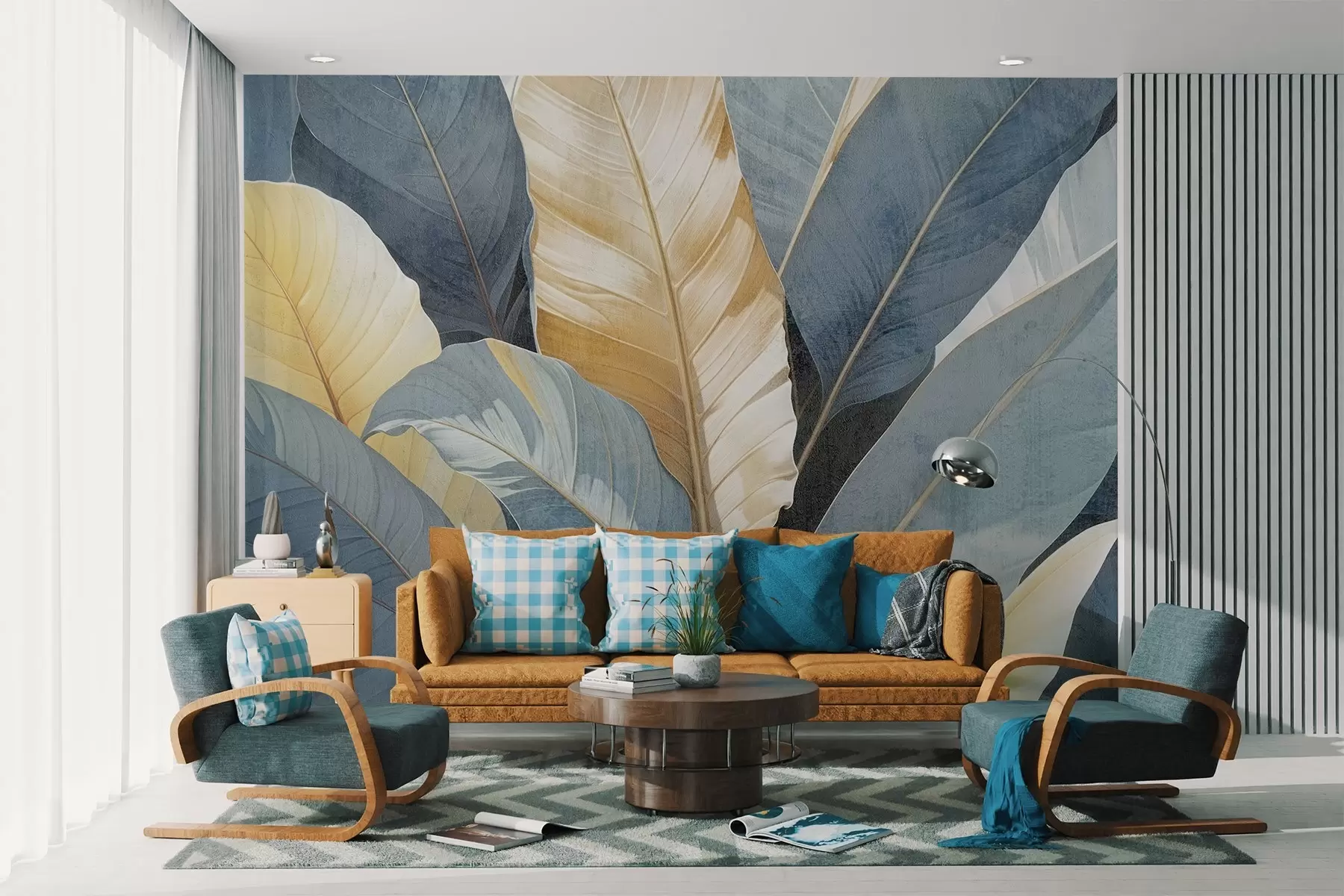 Fototapeta Zbliżenie na duże, bujne, teksturowane, dekoracyjne liście tropikalne w odcieniach niebieskiego, zielonego i żółtego w08373