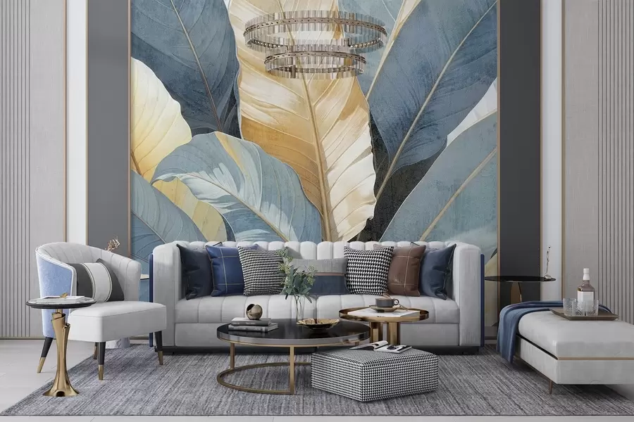 Fototapeta Zbliżenie na duże, bujne, teksturowane, dekoracyjne liście tropikalne w odcieniach niebieskiego, zielonego i żółtego w08373