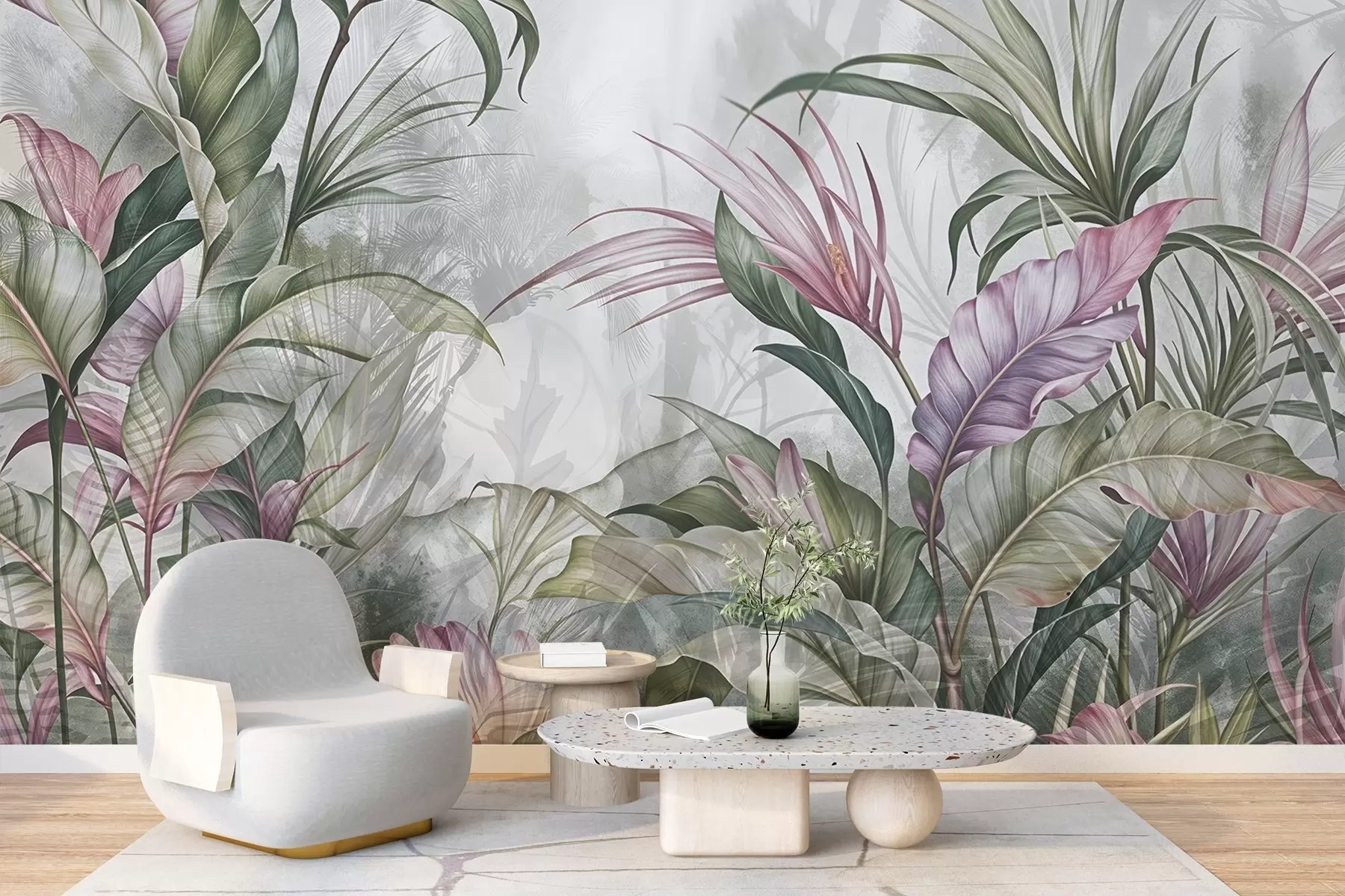 Fototapeta Tropikalna dżungla z dużymi zielonymi liśćmi i różowymi kwiatami protei z rozmytym teksturowanym tłem w08375