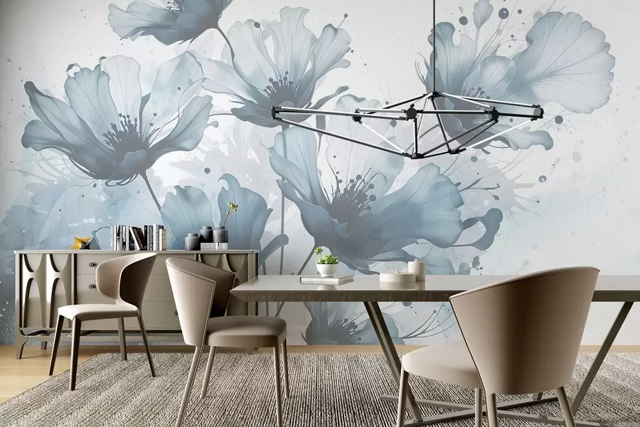 Fototapeta Delikatne niebieskie kwiaty z miękkimi, rozmytymi płatkami i akwarelami na jasnym tle w08376