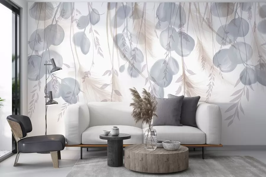 Fototapeta Delikatne niebieskie i pastelowe beżowe liście eukaliptusa opadają, tworząc pogodną i uspokajającą atmosferę w08380v1