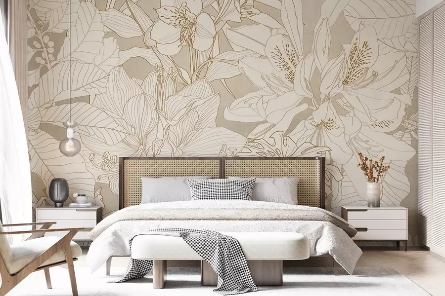 Fototapeta Szczegółowy pastelowy żółty kwiatowy nadruk z różnymi rodzajami kwiatów i liści, bujny, skomplikowany botaniczny wzór w08385v1