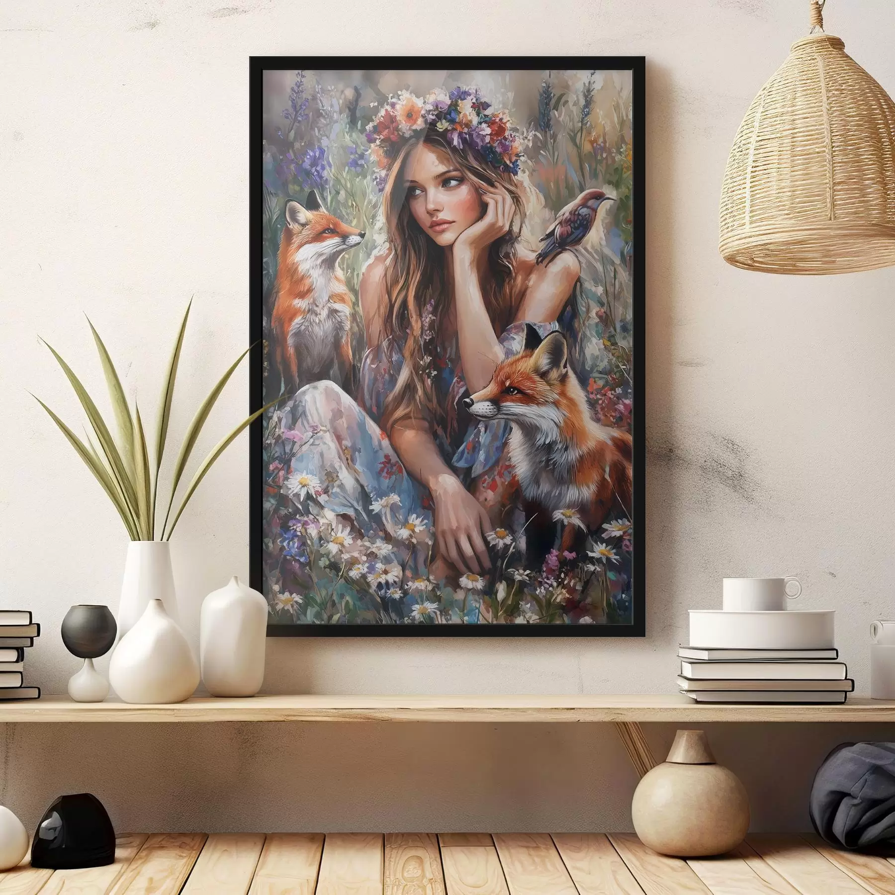 Fototapeta Piękna dziewczyna ze zwierzętami, natura, kwiaty, lisy, ptaki, rysunek olejny f41450