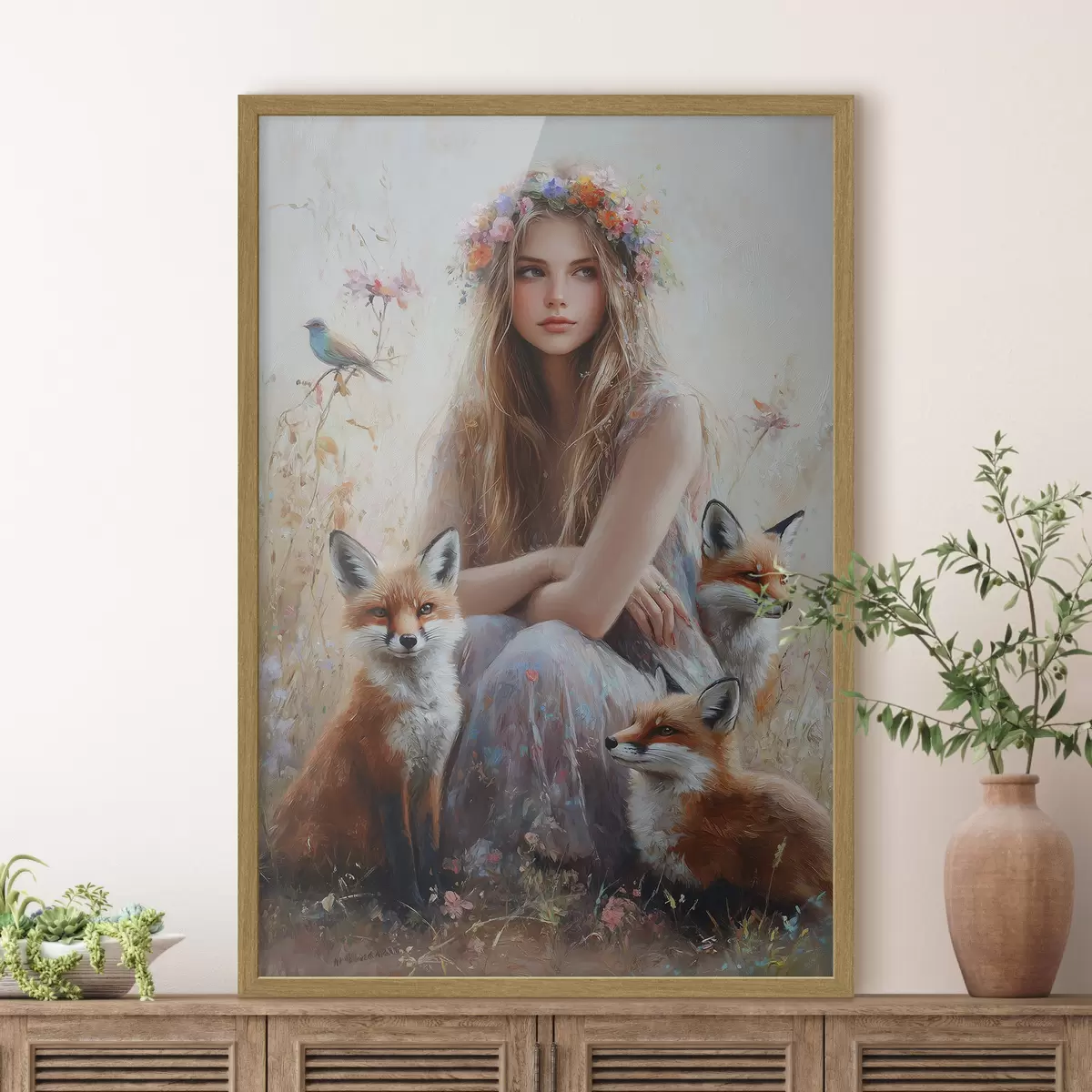 Plakat Dziewczyna na łące, dzikie zwierzęta, lisy, ptaki, wieniec z kwiatów f41451