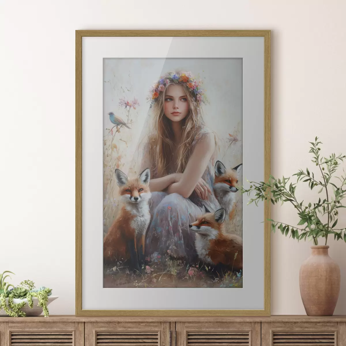 Plakat Dziewczyna na łące, dzikie zwierzęta, lisy, ptaki, wieniec z kwiatów f41451