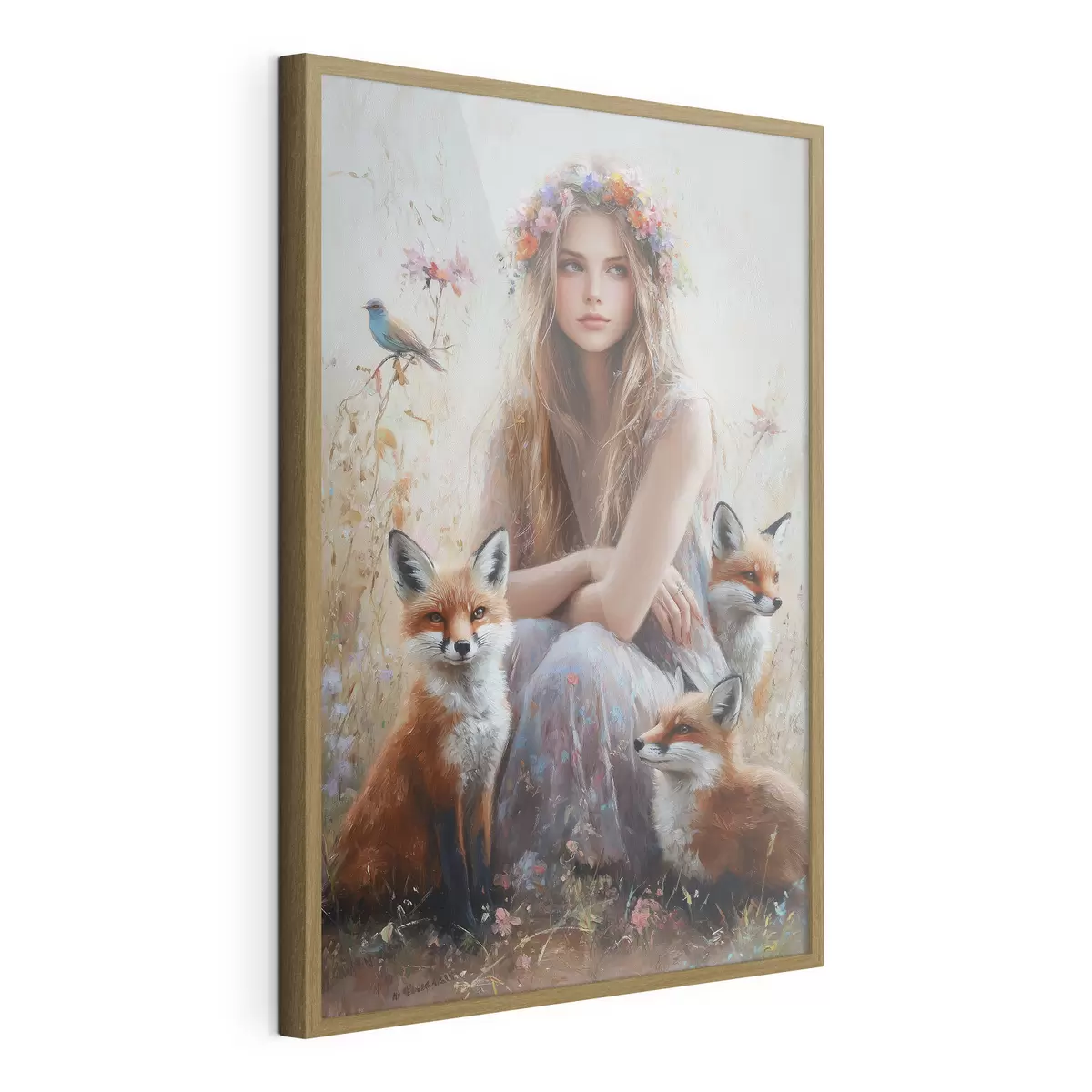 Plakat Dziewczyna na łące, dzikie zwierzęta, lisy, ptaki, wieniec z kwiatów f41451