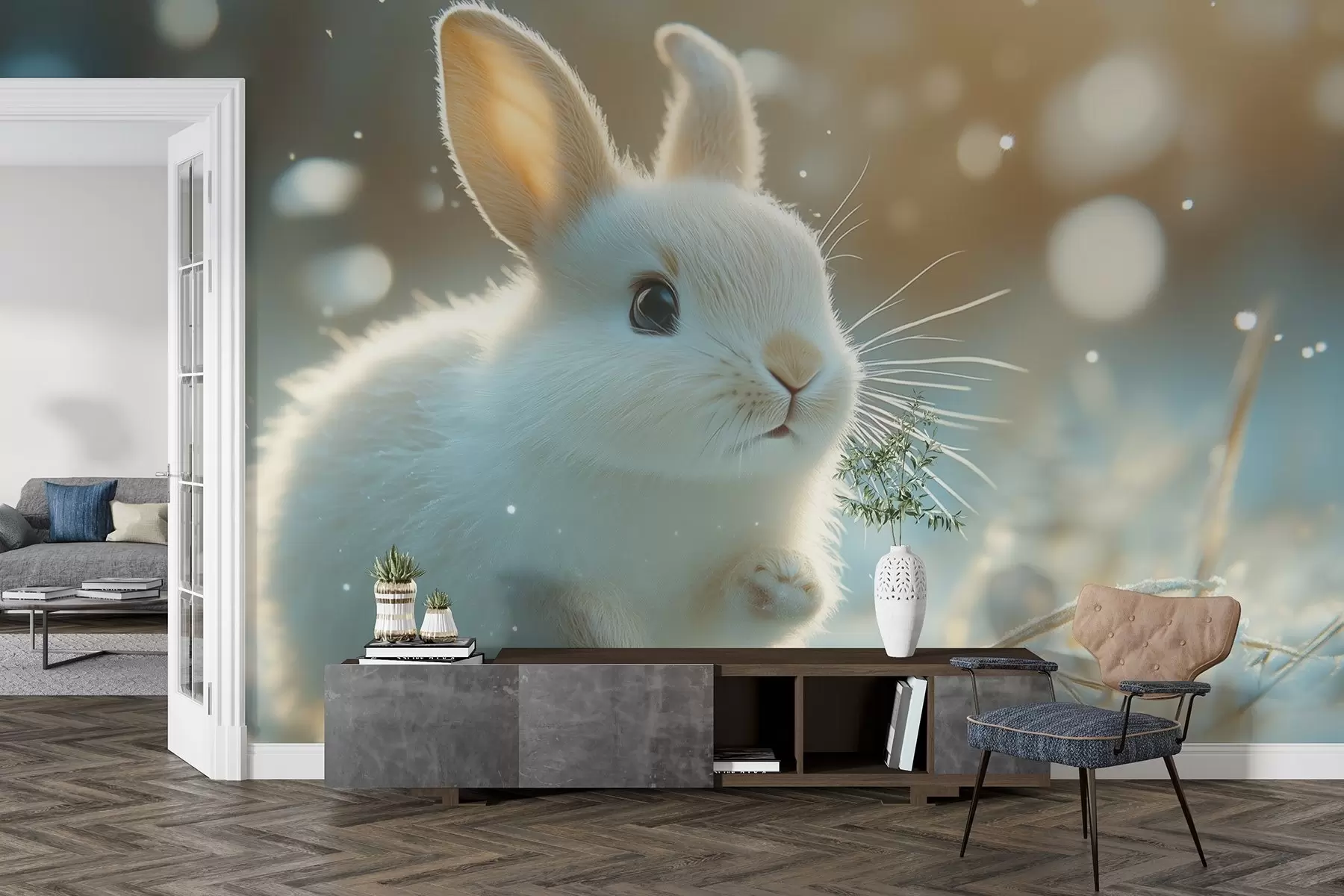 Fototapeta Uroczy biały królik biegnący przez poranny śnieg w02066