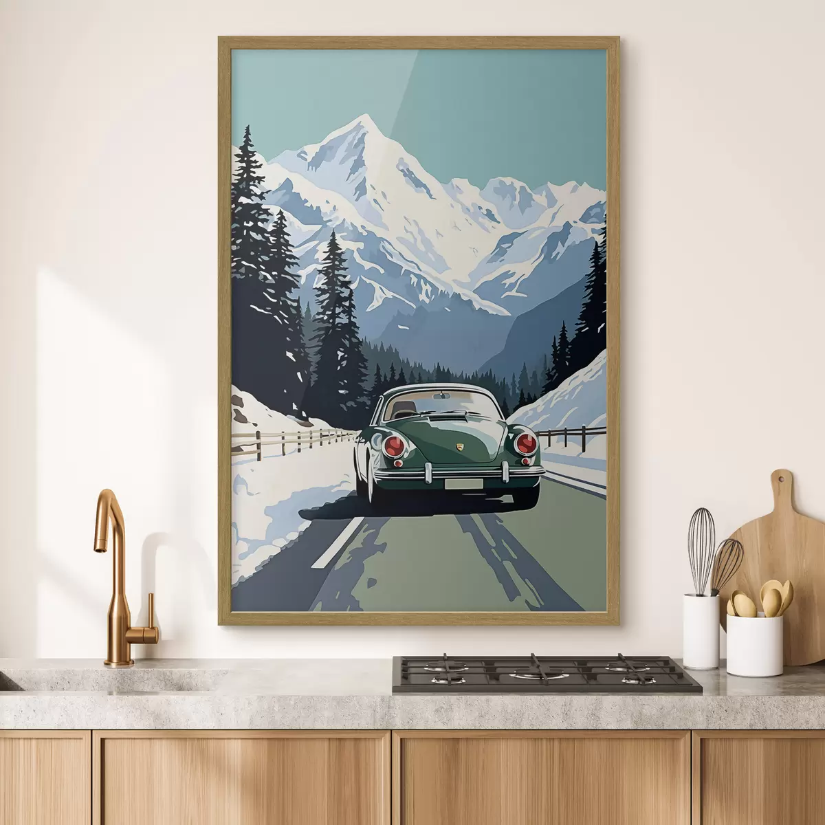 Plakat Samochód retro na zimowej górskiej drodze f41478