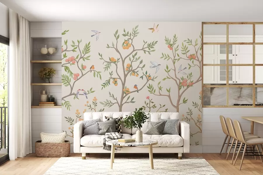 Fototapeta Wzór chinoiserie z ptakami, wijącymi się drzewami, owocami i kwiatami w02128