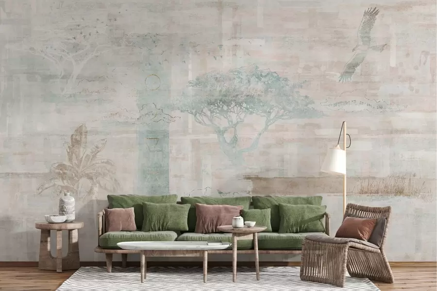 Fototapeta Projekt z efektem grunge w stylu vintage z drzewami, orłem i elementami geometrycznymi w02130