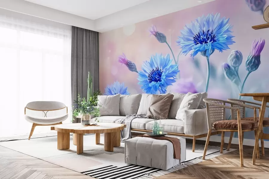 Fototapeta Duże chabrowe kwiaty na jasnoróżowym tle w02124