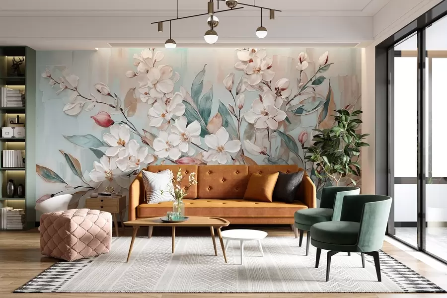 Fototapeta Kwiatowe pastelowe delikatne białe kwiaty z różowymi środkami, otoczone bujnymi zielonymi liśćmi i gałęziami w08399