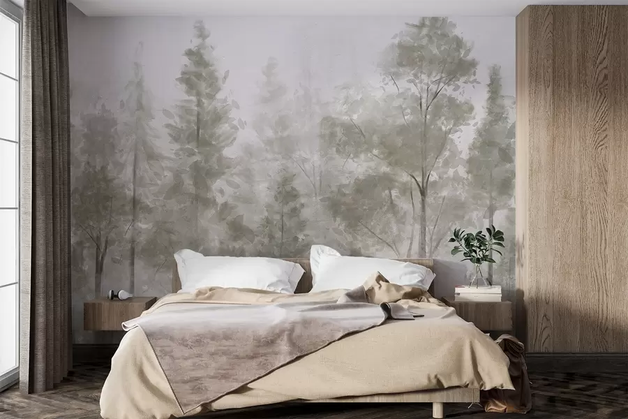 Fototapeta Wysokie, teksturowane sosny w mglistym lesie, z mglistą, zamgloną atmosferą w08411