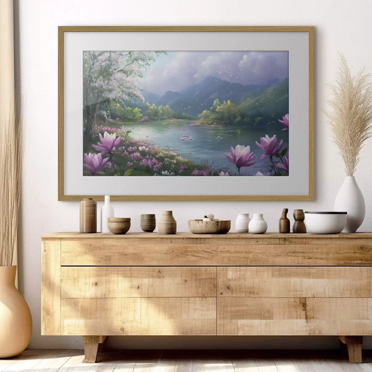 Plakat piękne jezioro między górami f41629