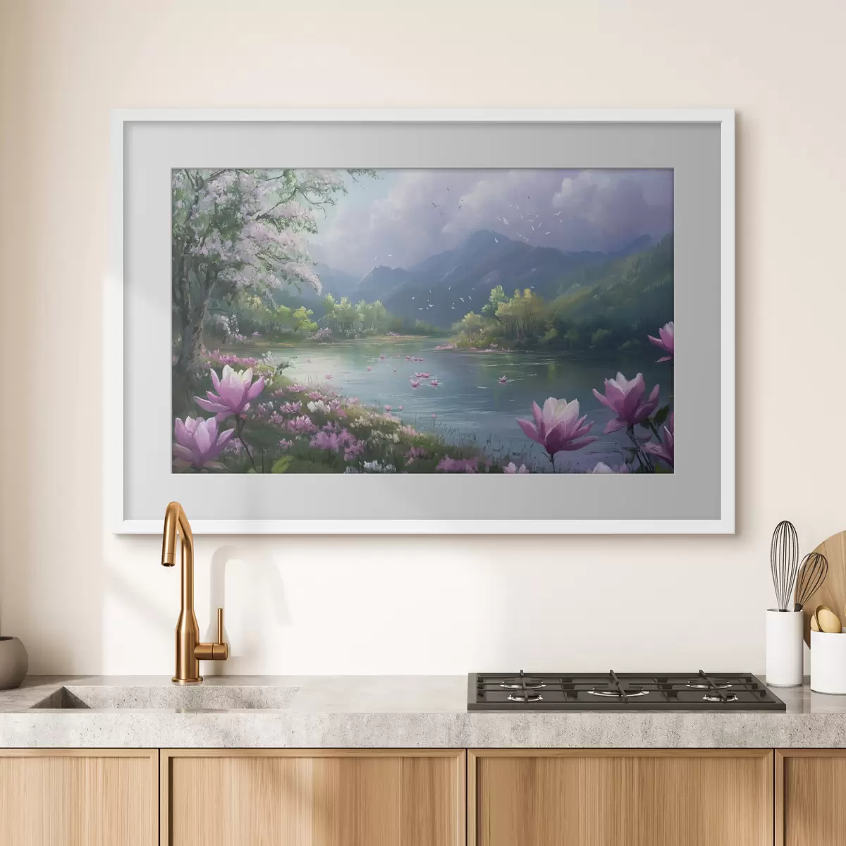 Plakat piękne jezioro między górami f41629