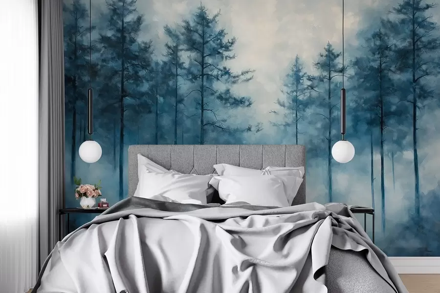 Fototapeta Mistyczny las, sosny, mgła, farba akrylowa, głębokie niebieskie kolory w02149