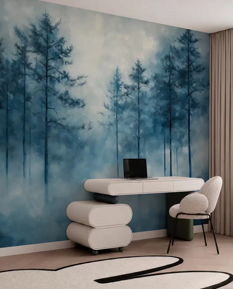 Fototapeta Mistyczny las, sosny, mgła, farba akrylowa, głębokie niebieskie kolory w02149