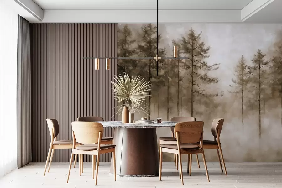 Fototapeta Mistyczny las, sosny, mgła, farba akrylowa, beżowe kolory w02149v1