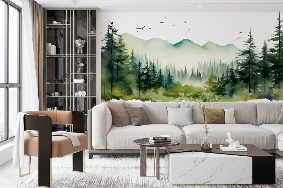 Fototapeta Akwarela leśne i górskie krajobrazy, zielona paleta kolorów  w02150