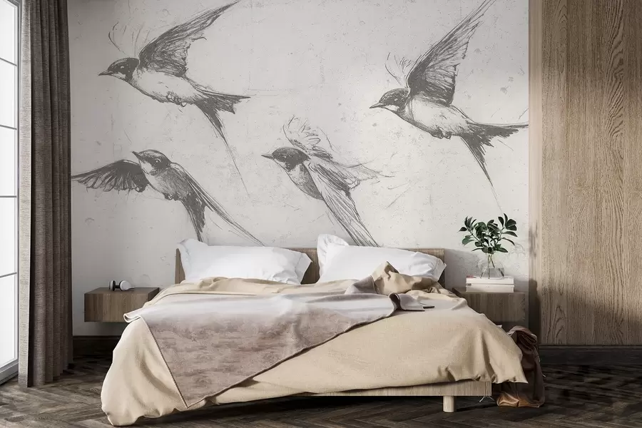Fototapeta Latające ptaki, rysunek tuszem, minimalizm, szare kolory w02155