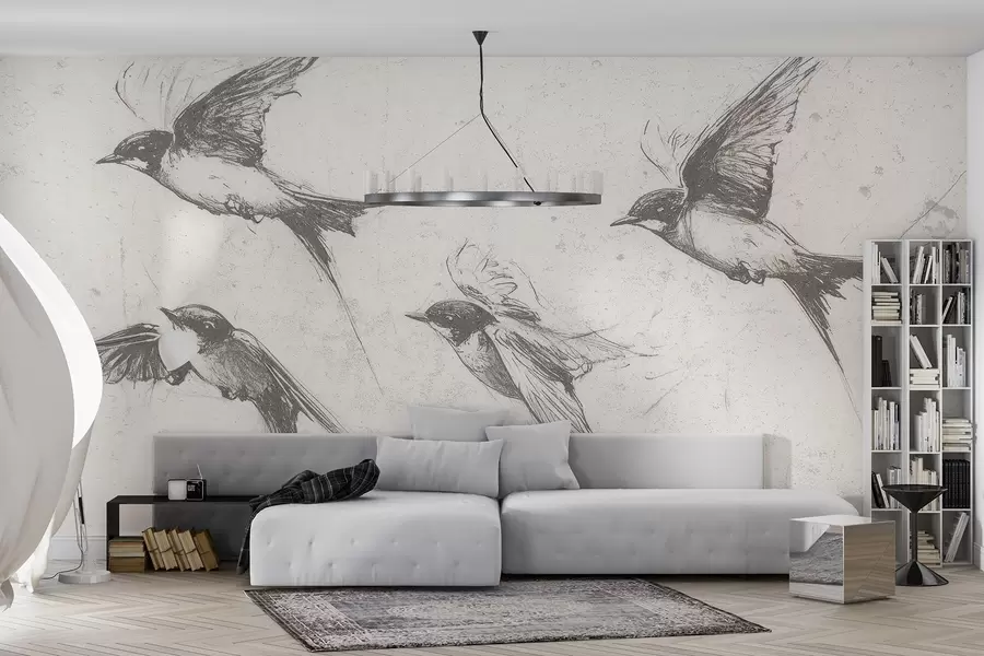 Fototapeta Latające ptaki, rysunek tuszem, minimalizm, szare kolory w02155