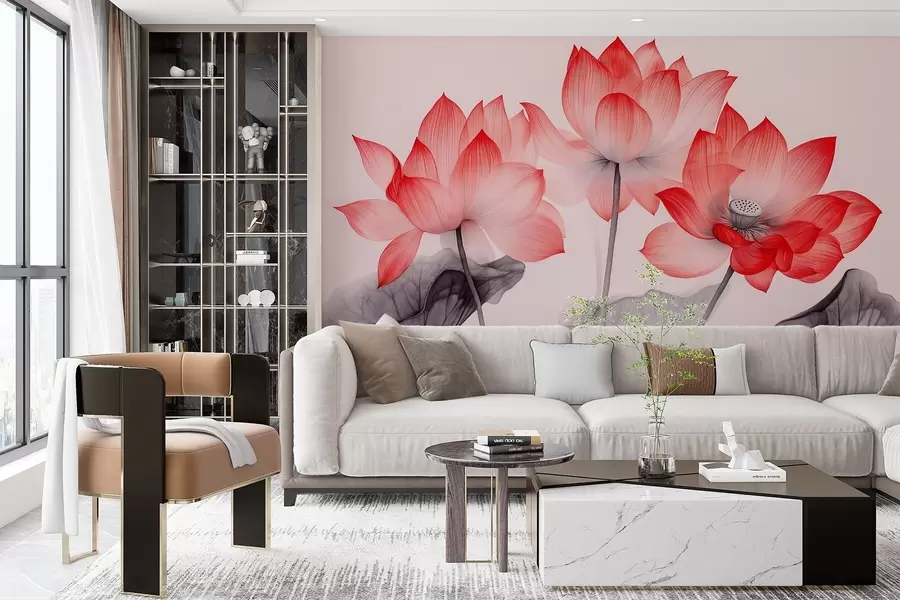 Fototapeta Trzy czerwone kwiaty lotosu w chińskim stylu malarskim w02146